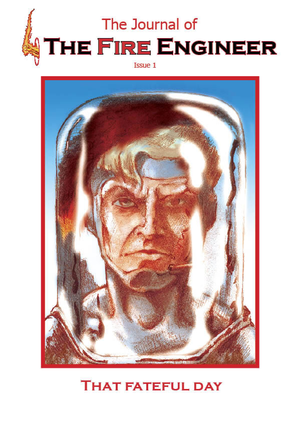 Picture of issue 1 cover showing close p of fire engineers face with world trade centre reflected in his transparent helmet