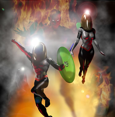 Illustration of the fire engineer, firefly and the main adversoarys of the team, fleame smoke and flashover, flame and smoke in corporial form.